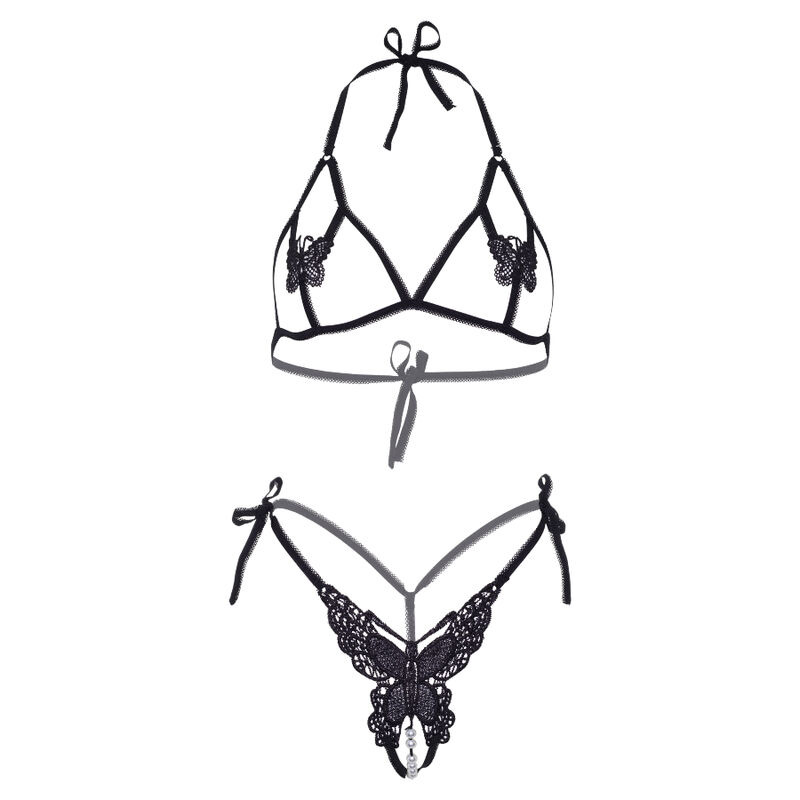 Set Dos Piezas Sujetador y Tanga de Mariposas y Perlas Negro Talla Unica