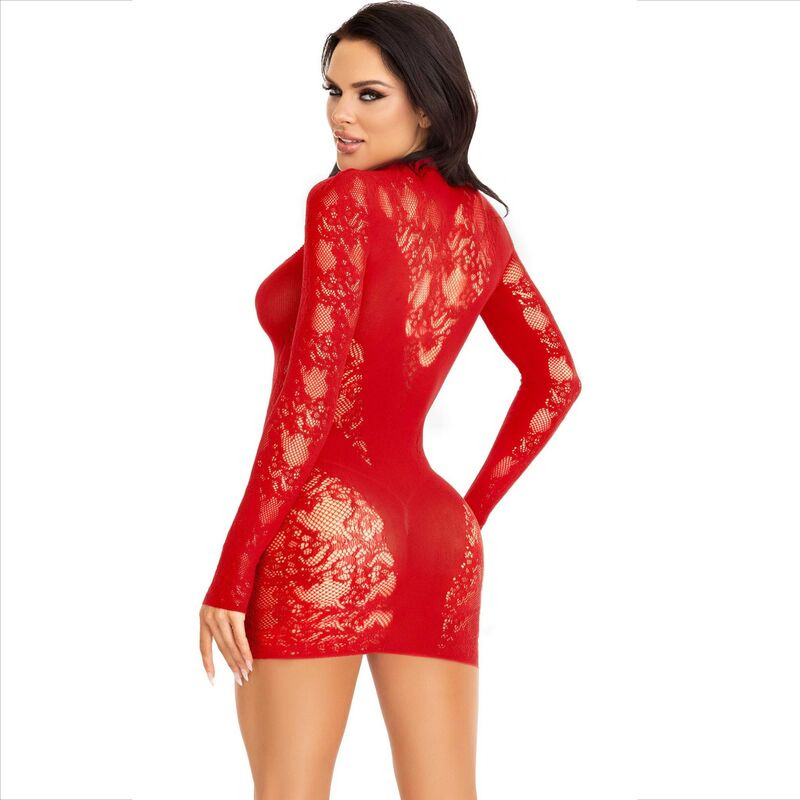 Mini Vestido de Encaje con Manga Larga Rojo
