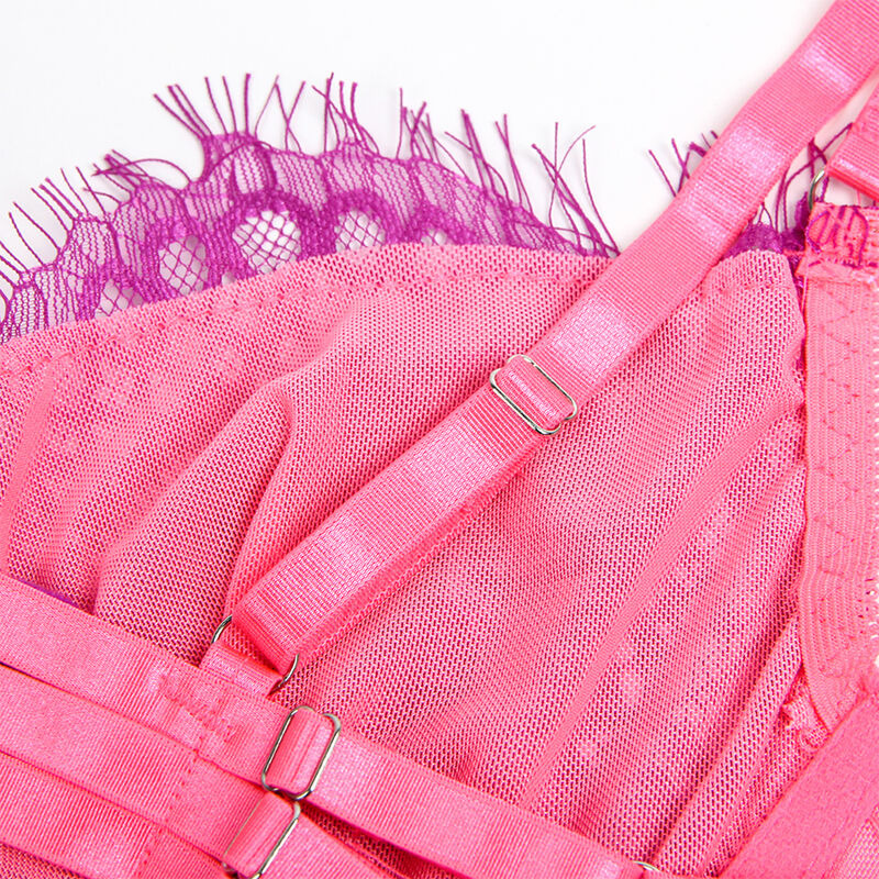 Set Sujetador con Encaje y Ligueros Rosa y Morado