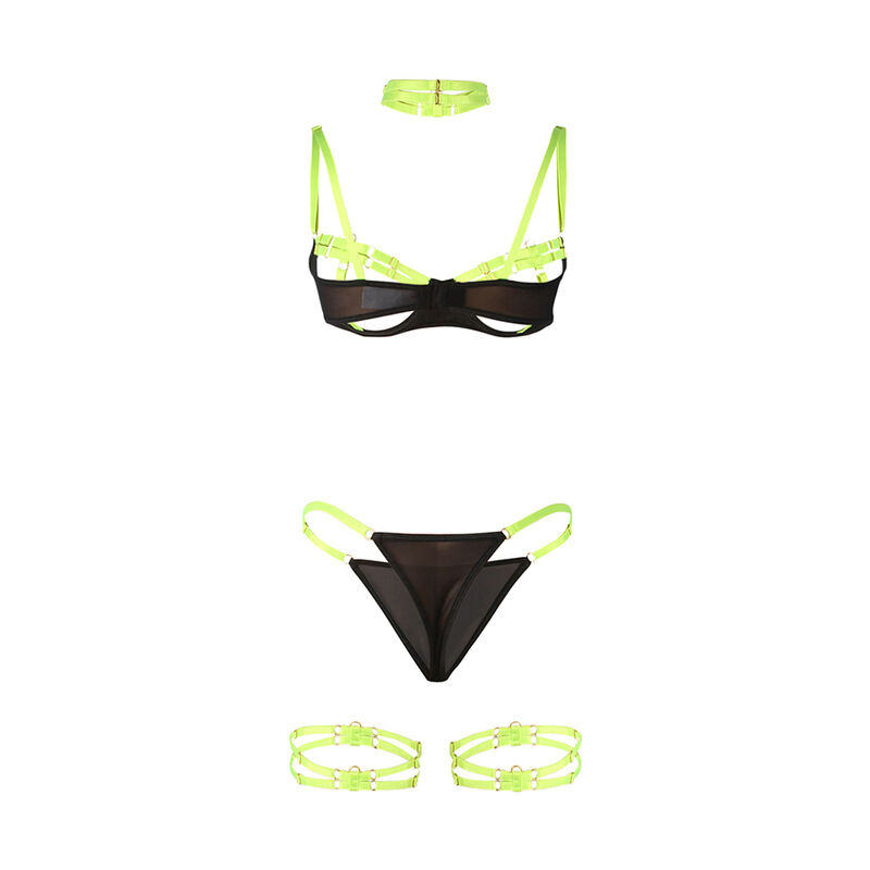 Set Sujetador con Collar y Ligueros Verde Fluorescente