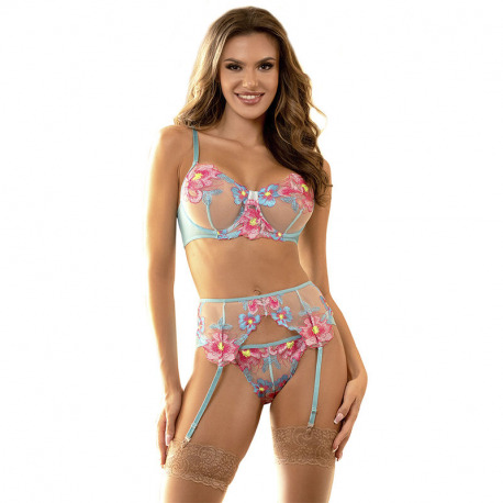 Sujetado y Panties con Liguero diseño Floran Azul