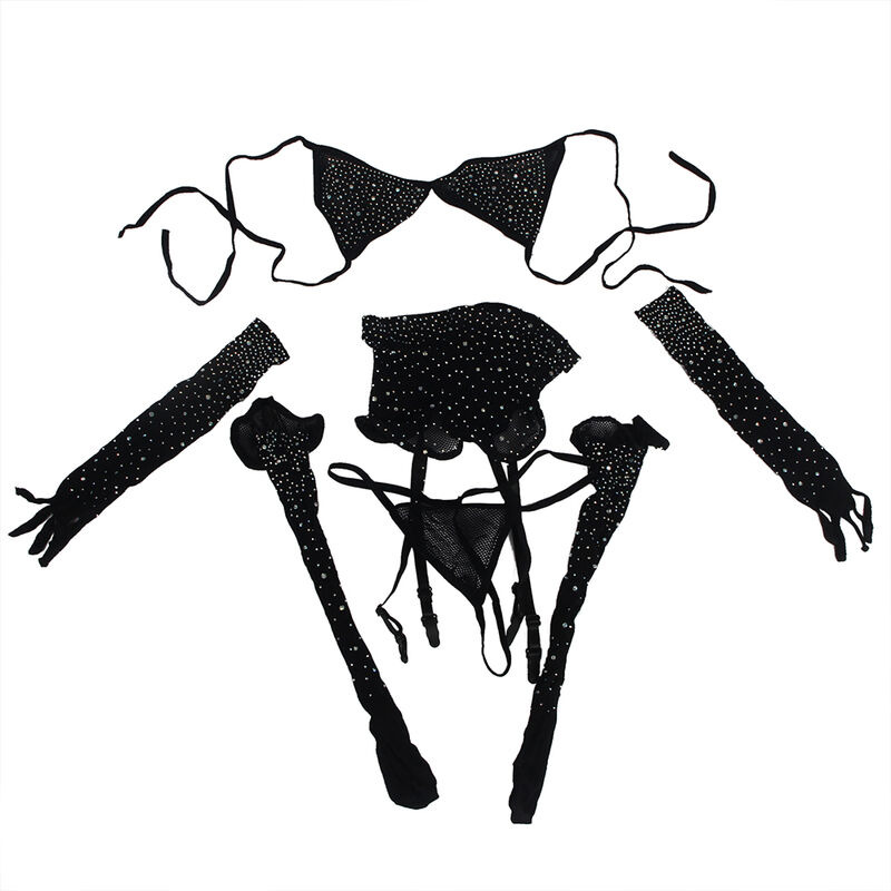 Body de Rejilla con Guantes y Diamantos Negro