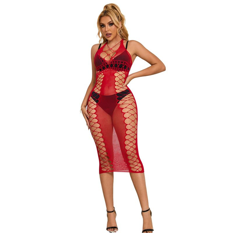 Vestido Largo de Rejilla Rojo TU