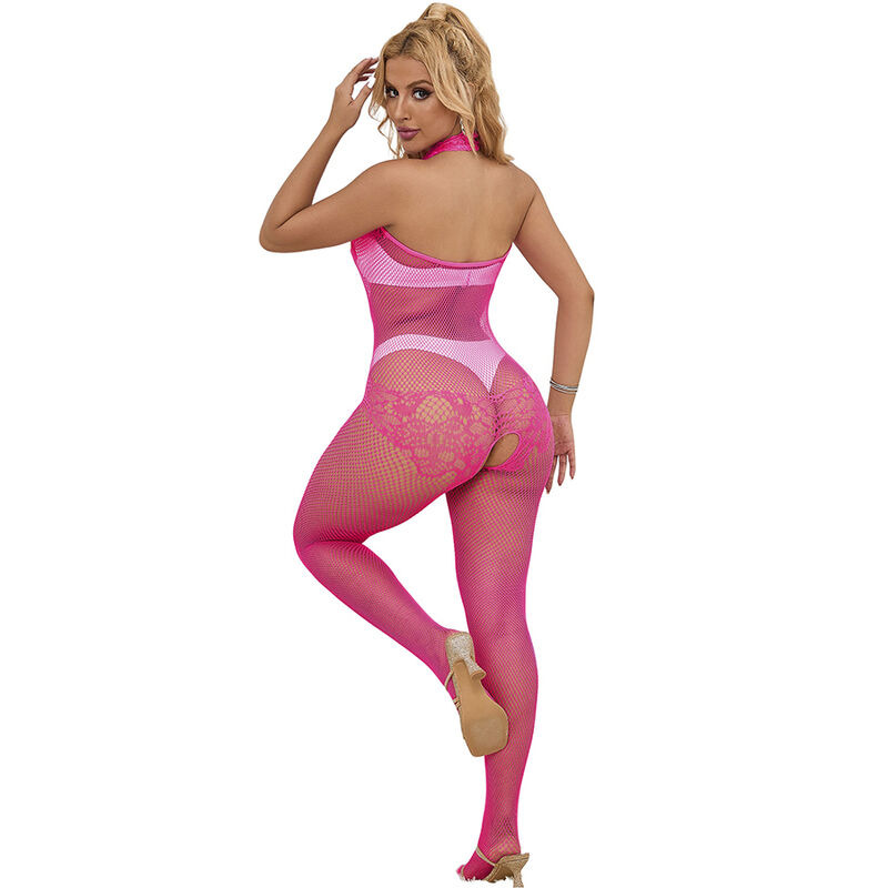 Bodystocking Crotchless de Rejilla y Encaje con Cuello Alto Rosa TU