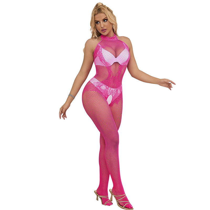 Bodystocking Crotchless de Rejilla y Encaje con Cuello Alto Rosa TU
