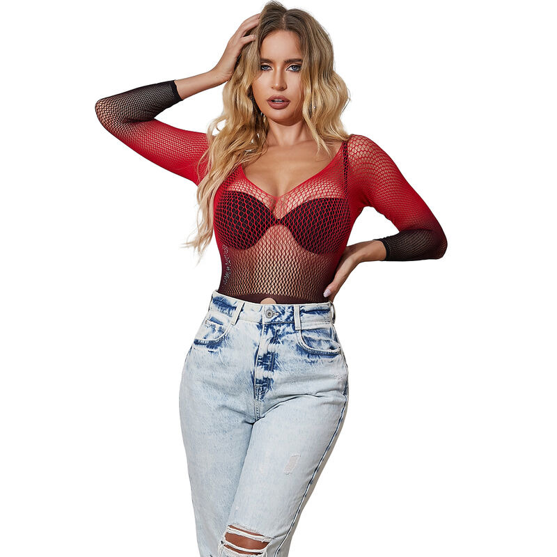 Vestido de Rejilla Manga Larga Rojo y Negro TU