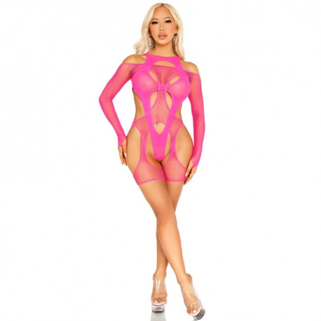 Body de Rejilla con Liga y Arnés Rosa Neón TU