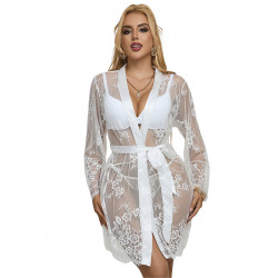 Camisón de Manga Larga con Diseño Floral Blanco