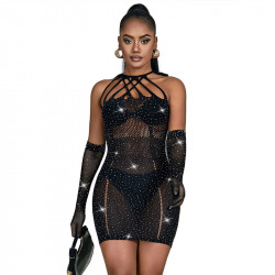 Vestido de Rejilla con Brillantes Negro TU
