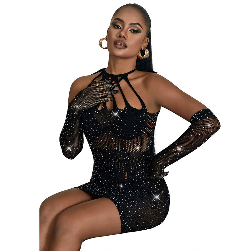 Vestido de Rejilla con Brillantes Negro TU