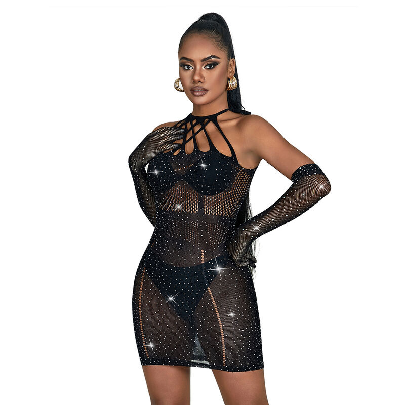 Vestido de Rejilla con Brillantes Negro TU