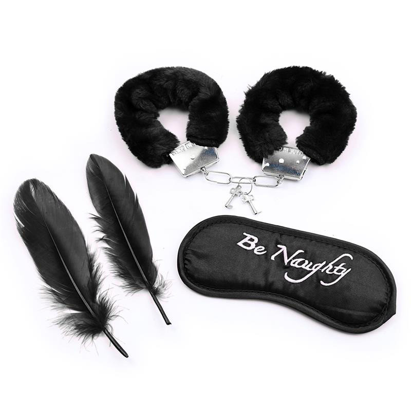 Set de 3 Pièces Masque, Menottes et Plumes Noir