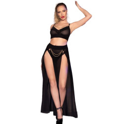 CR 4672 Top Negro Falda y Tanga Con Cadenas Doradas