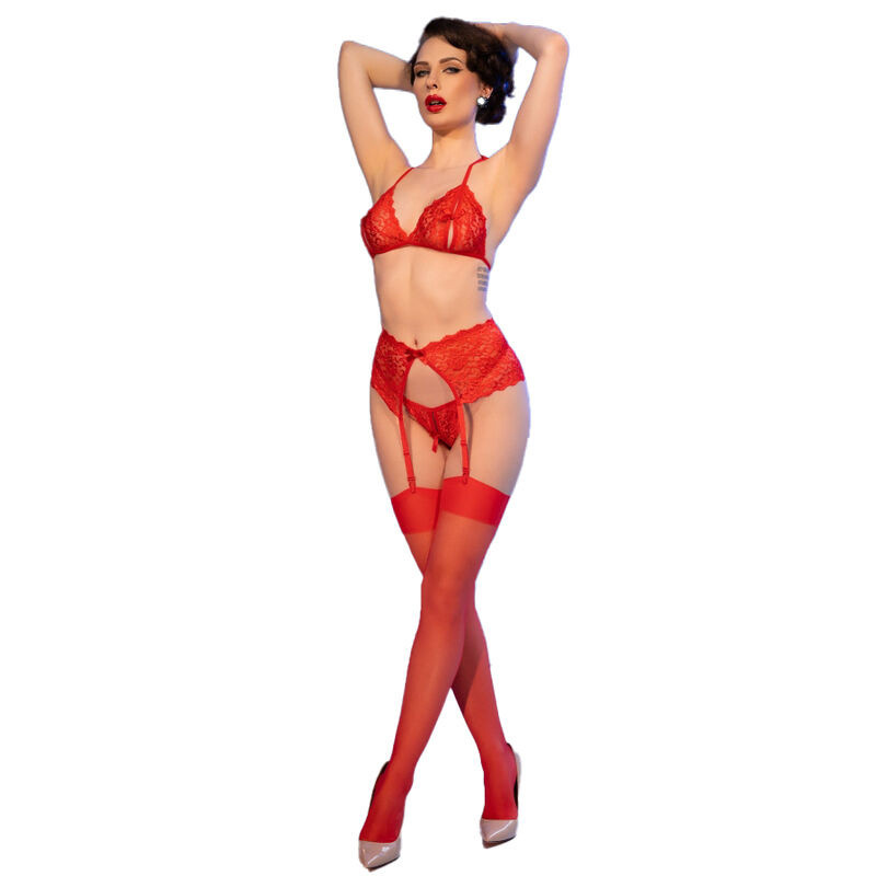 Ensemble Soutien-gorge, String et Bas en Dentelle Rouge CR 4848