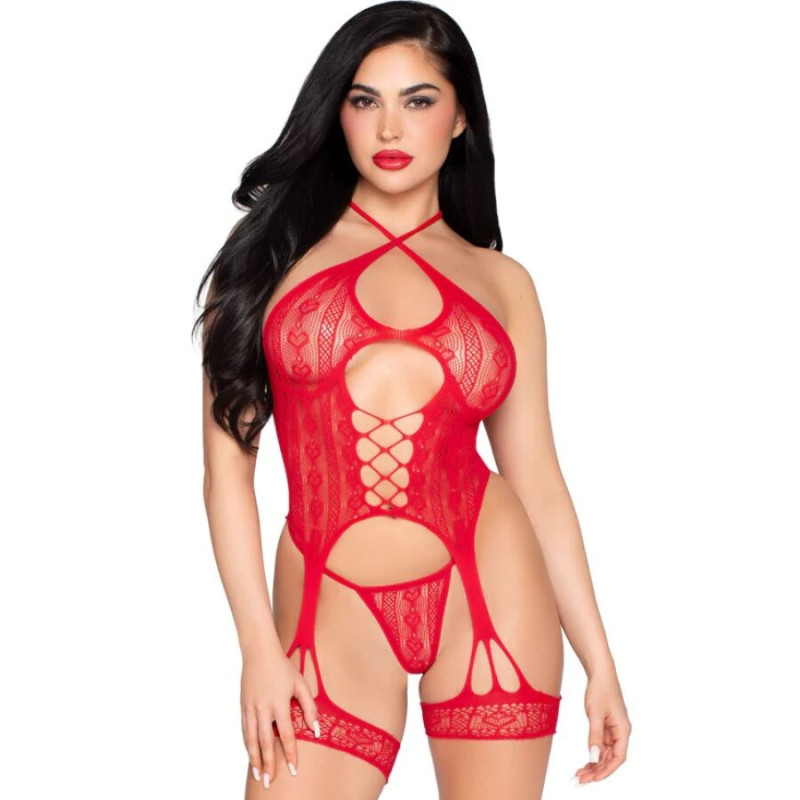 Set 89338 Body Abierto con Liguero y Tanga de Encaje Rojo