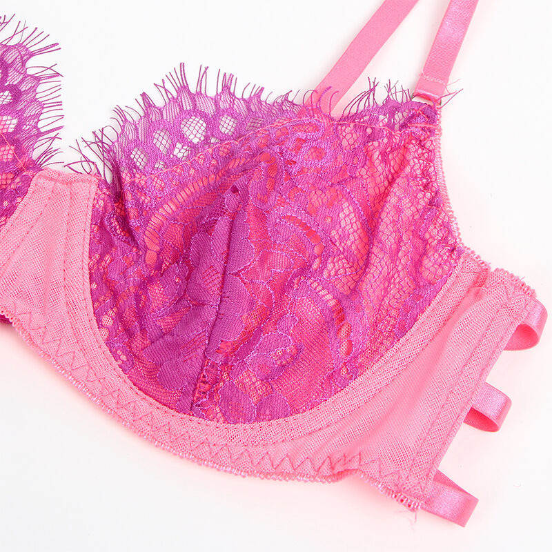 Set Sujetador con Encaje y Ligueros Rosa y Morado