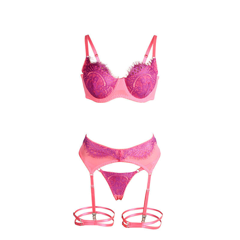 Set Sujetador con Encaje y Ligueros Rosa y Morado