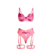 Set Sujetador con Encaje y Ligueros Rosa y Morado