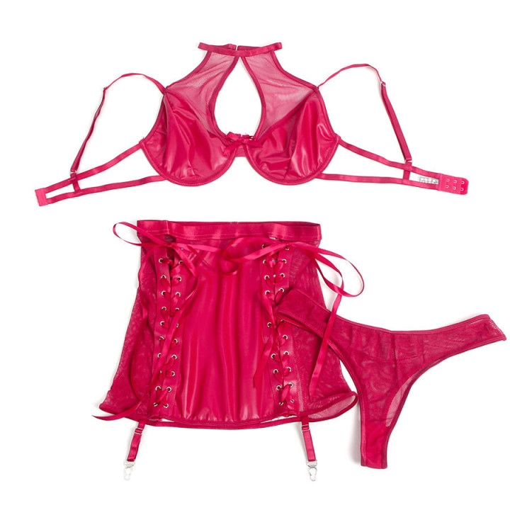 Conjunto Sujetador y Falda de Cuero Rojo