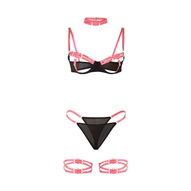 Set Sujetador con Collar y Ligueros Rosa Fluorescente