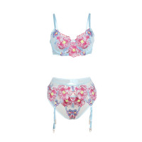 Conjunto Sujetador y Liguero con Bordados Florales Rosas