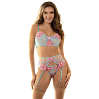 Conjunto Sujetador y Liguero con Bordados Florales Rosas