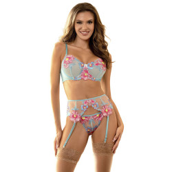 Conjunto Sujetador y Liguero con Bordados Florales Rosas