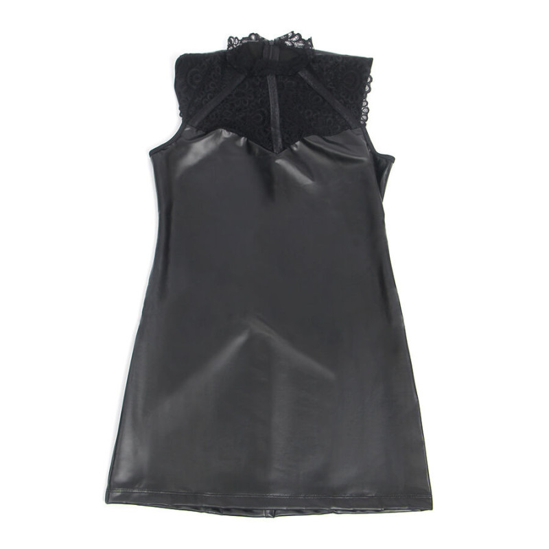 Vestido de Cuero con Cuello de Encaje Negro
