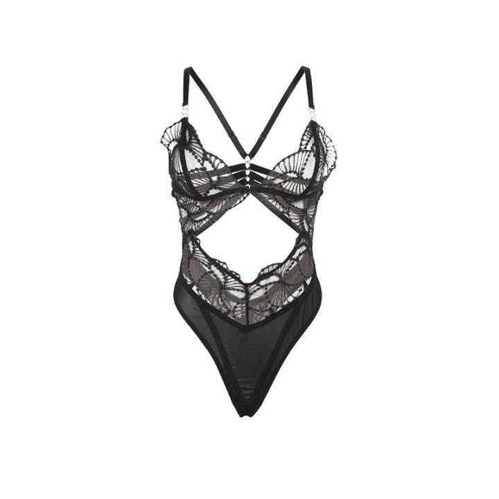 Body Transparente con Encaje Hueco Negro