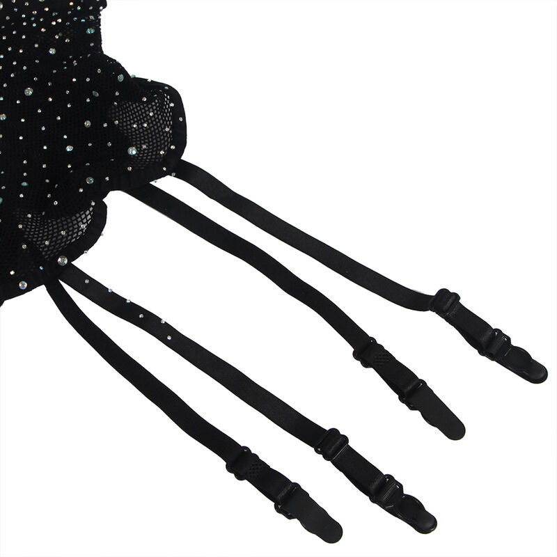 Body de Rejilla con Guantes y Diamantos Negro