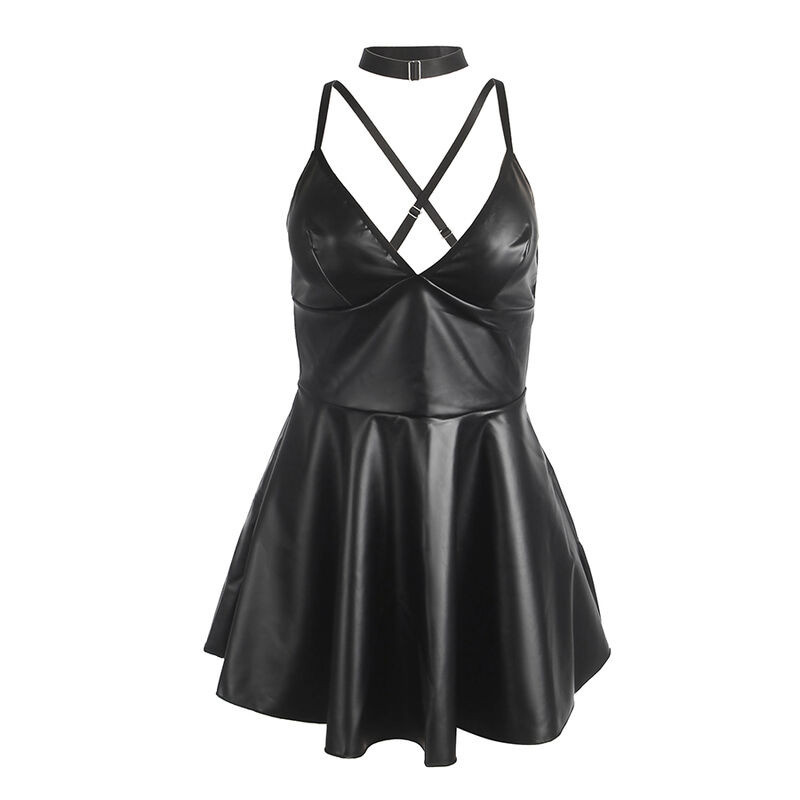 Vestido con Tirantes de Cuero Negro