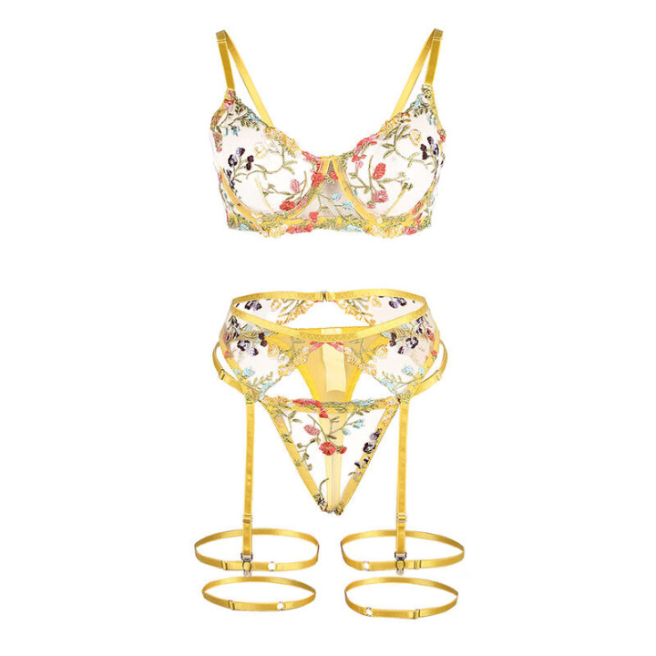 Set Sujetador, Tanga y Liguero Diseño Floral Amarillo