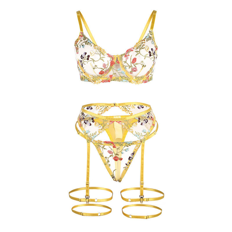 Set Sujetador, Tanga y Liguero Diseño Floral Amarillo