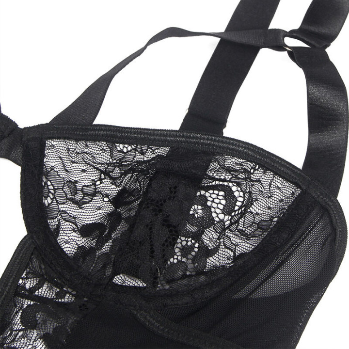 Teddy avec Porte-jarretelles Dentelle et Sangles Noir