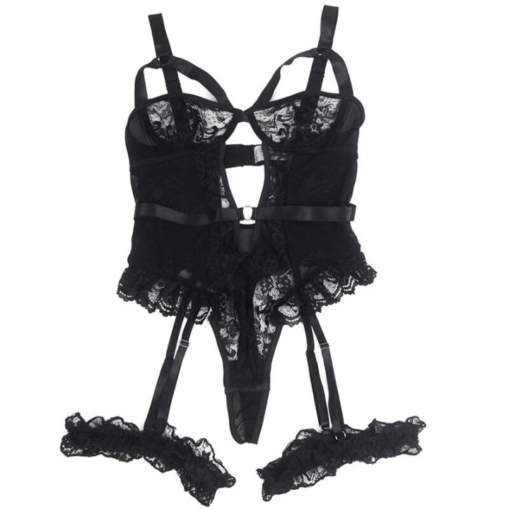Teddy avec Porte-jarretelles Dentelle et Sangles Noir