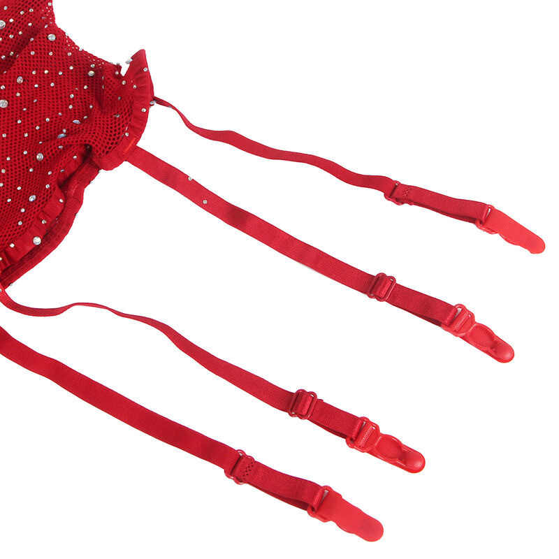Bodystocking de Rejilla con Guantes y Diamantes Rojo TU