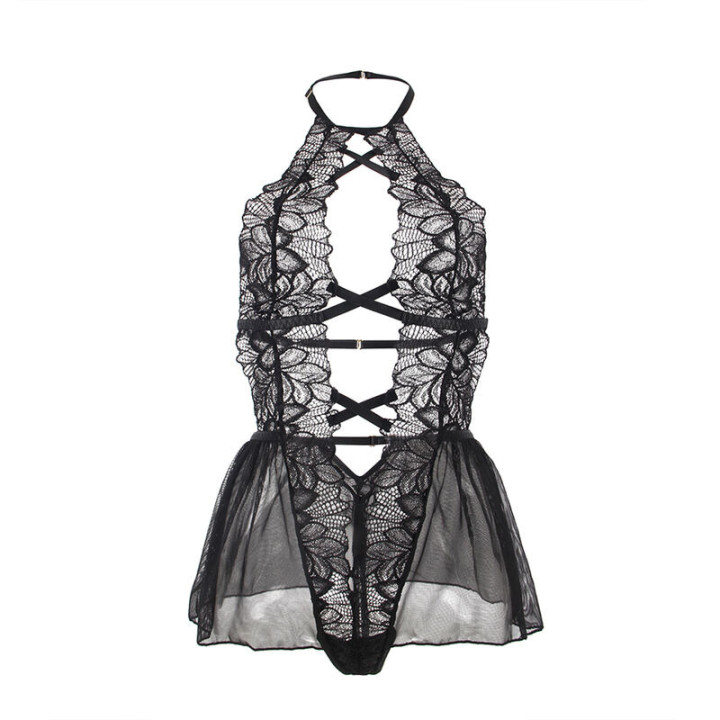 Teddy Col Halter Dos Nu Dentelle Noire