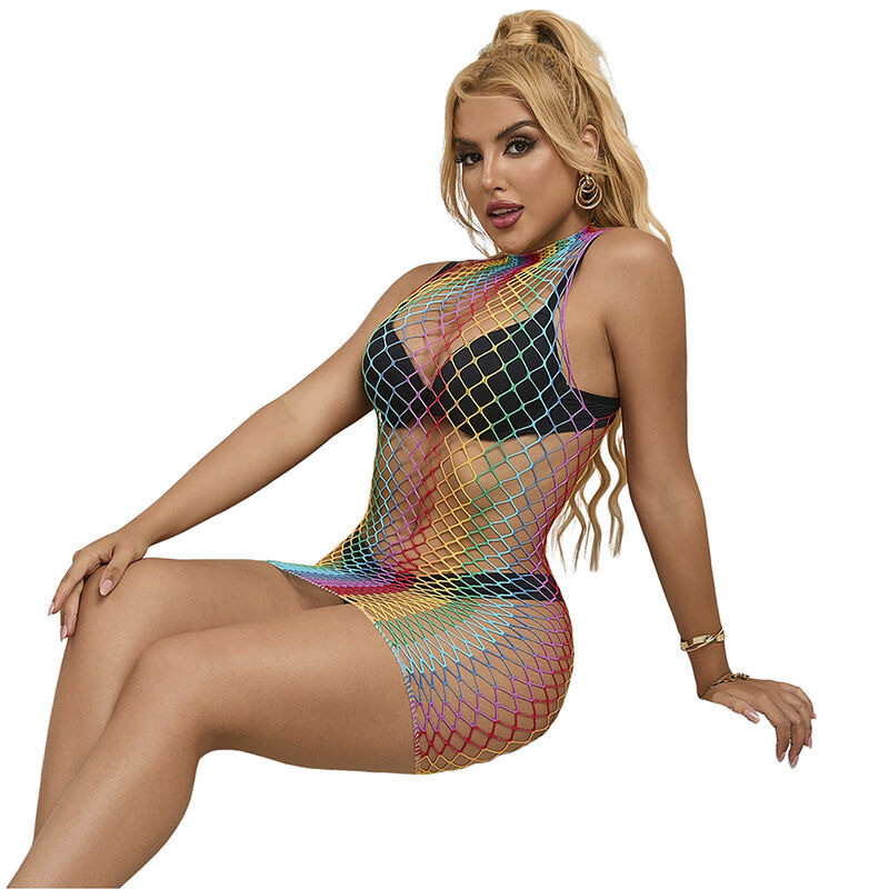 Vestido de Rejilla con Cuello Alto Arcoíris TU