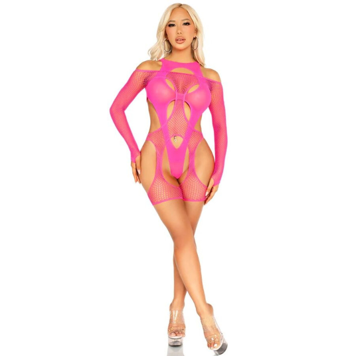 Body résille avec jarretelles et harnais rose fluo TU