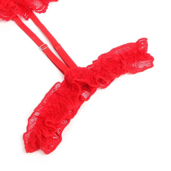 Body rouge en dentelle avec jarretelles et lanières