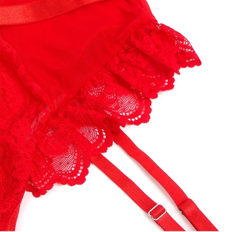 Body rouge en dentelle avec jarretelles et lanières
