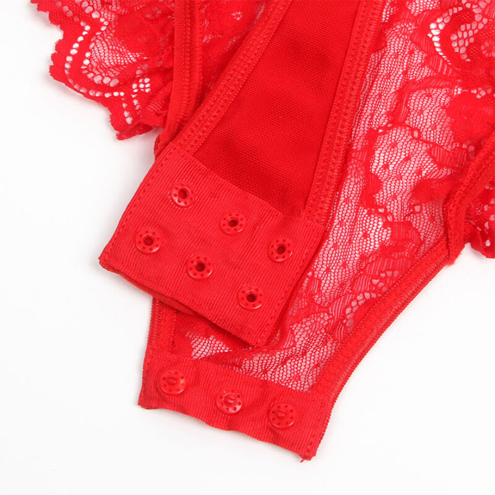 Body rouge en dentelle avec jarretelles et lanières
