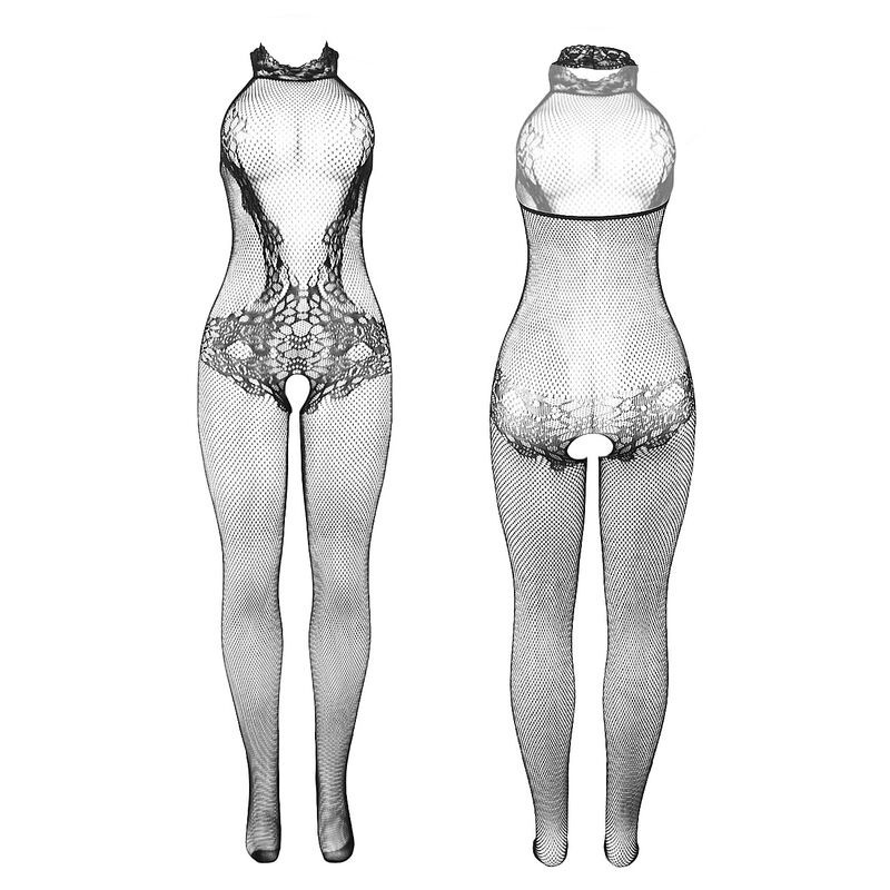 Combinaison résille et dentelle noire ouverte à l’entrejambe
