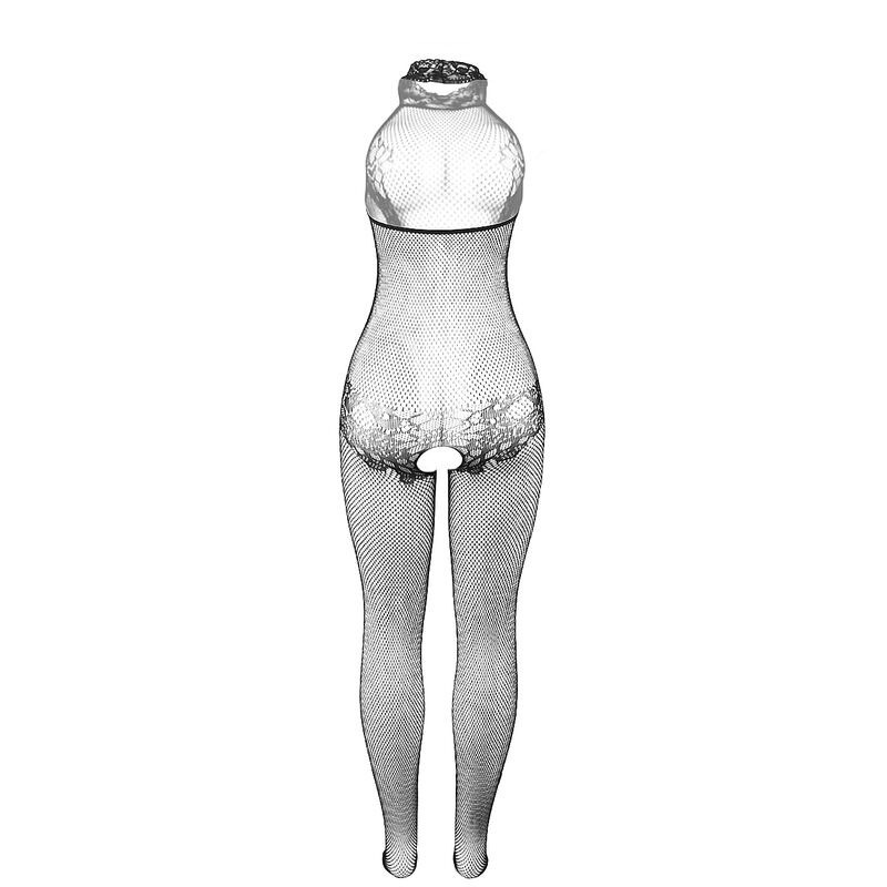 Combinaison résille et dentelle noire ouverte à l’entrejambe