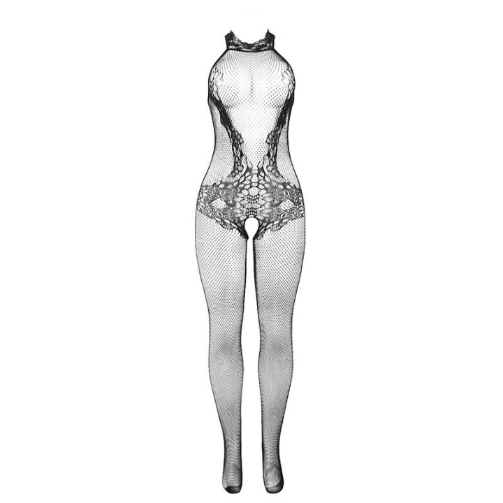 Combinaison résille et dentelle noire ouverte à l’entrejambe