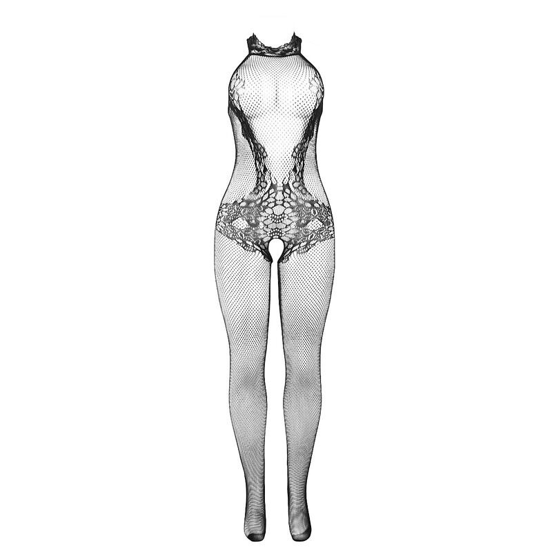 Combinaison résille et dentelle noire ouverte à l’entrejambe