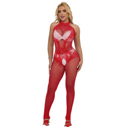 Bodystocking Crotchless Encaje con Cuello Alto Rojo