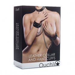Ouch Collar con Cintas de Cuero Negro y Esposas
